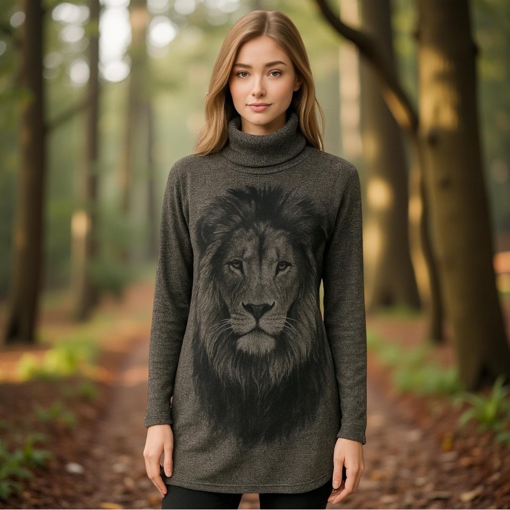 Go Couture Lion Print Turtleneck High-Low Tunic Sweater Size Large